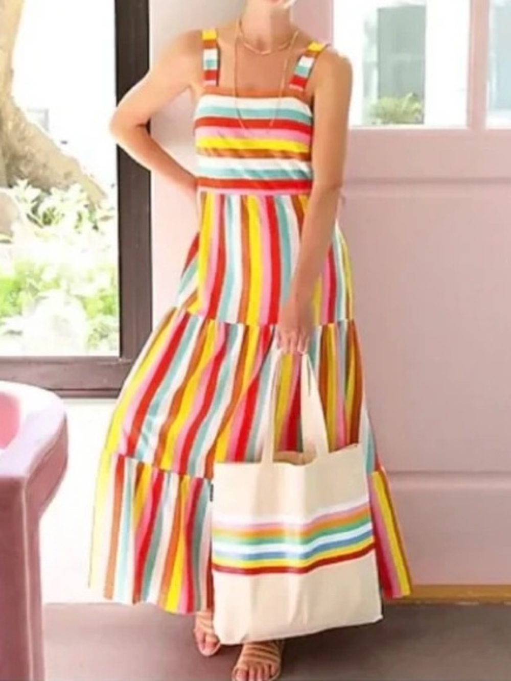 J. Crew Rainbow Striped Tiered Maxi Dress Colorful Summer Beach Sundress Vacay